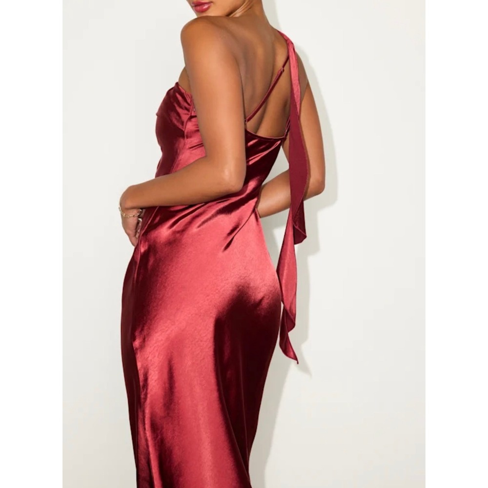 Lulus Burgundy Satin One Shoulder Ruffle Midi Dress Wine Red XS 2918 NWT